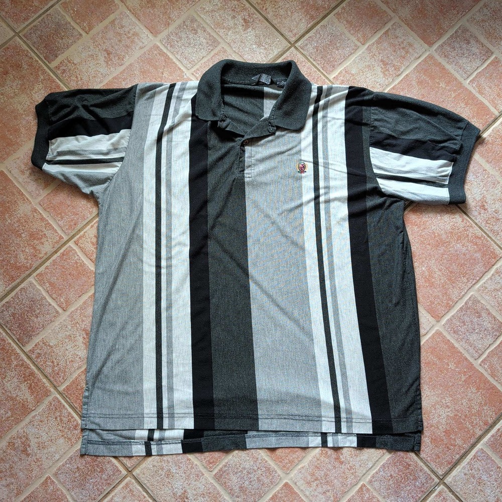 Knightsbridge Polo Shirt Mens 2X Grey Black Vertical Stripe Short Sleeve Crest